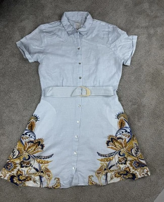 Vestido JOIE de linho com botões na cintura com cinto azul estampado floral tamanho grande - Imagem 1 de 4