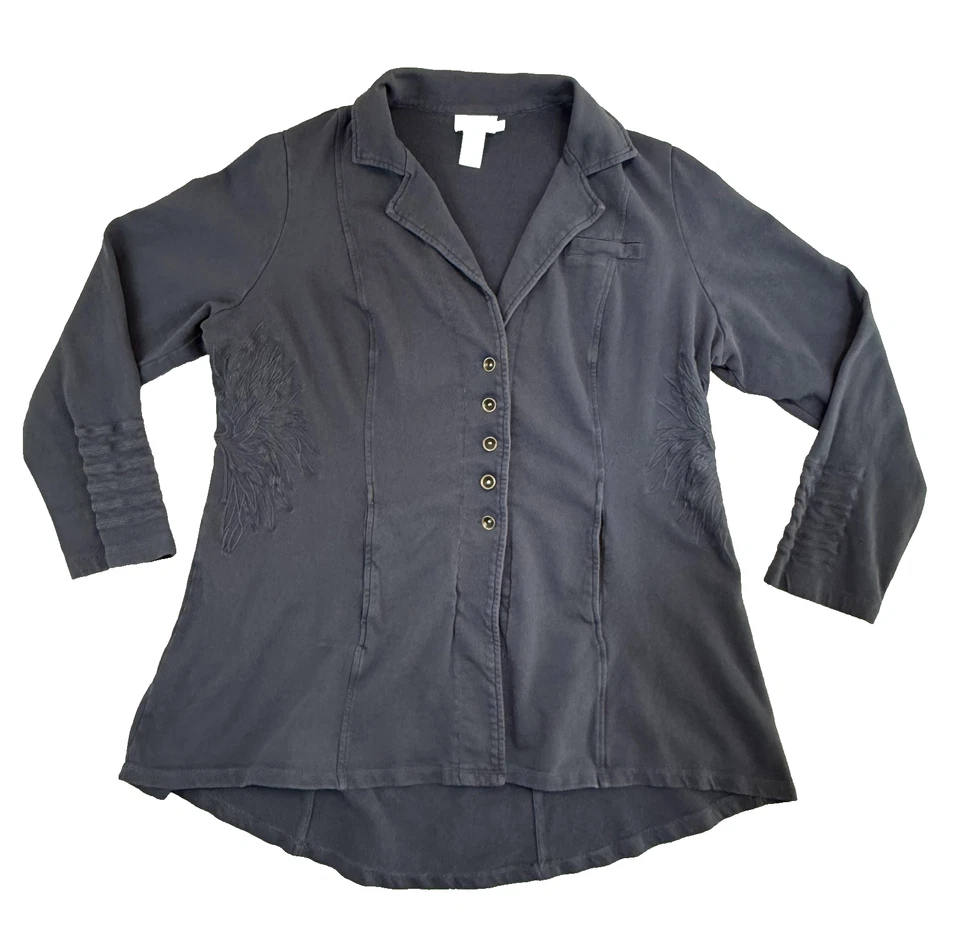 Chaqueta Soft Surroundings Mujer 3X Gris Algodón Bordado Botón Frontal Túnica Foto 1 de 4