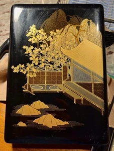 Vintage Asian Hand Painted Resin Black Jewelry/Trinket/Storage Box - Picture 1 of 7