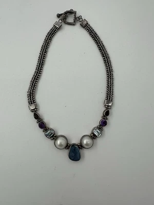 Sterling Silver Opal Peridot Mane Pearl Toggle Clasp Chain Necklace - Image 1 of 4