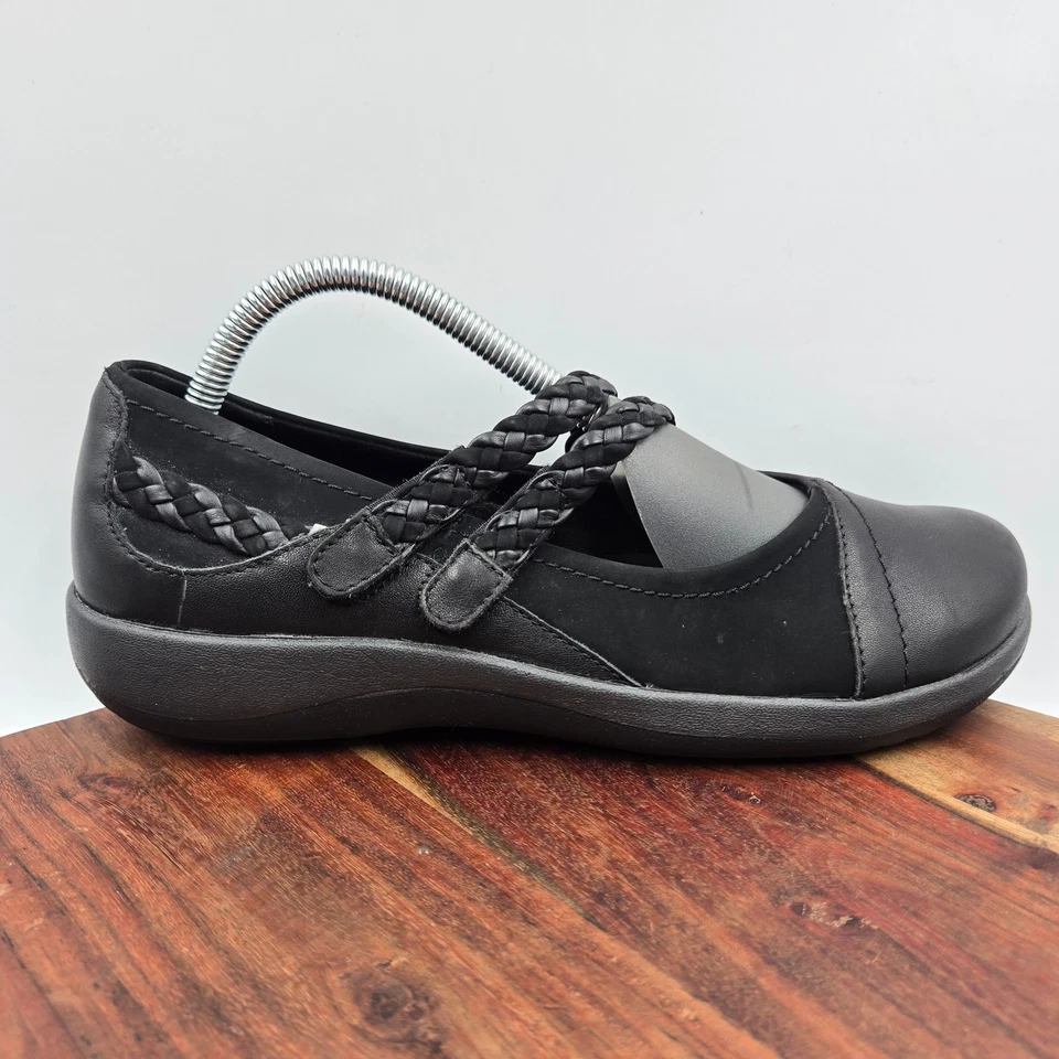 Mocasín Mary Jane trenzado cómodo cuero negro 40/9 Aetrex Annie para mujer Foto 1 de 4