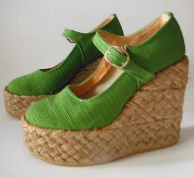 GALLIANO Италии женщин Espadrilles на танкетке зеленый размер 5 джутовая платформа - Изображение 1 из 4