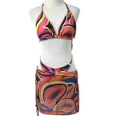 Women Striped Colorful Bikini Swim Suit Set Skirt Cover Up Beach Pool Pink Large - Image 1 of 4