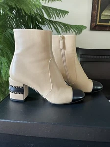 AUTHENTIC NEW CHANEL STACKED CHAIN SHORT BOOTS BEIGE/ BLACK 38.5 - Picture 1 of 8