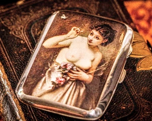 Amazing Antique Enamel Nude Woman Sterling Silver Art Cigarette Case Tobacciana - Picture 1 of 14