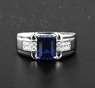 Anillo de compromiso para hombre de plata de ley 925 de 2 quilates con zafiro creado en laboratorio Foto 1 de 4