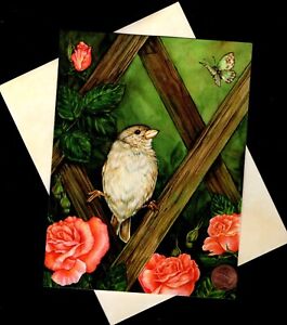 MISSING YOU Bird Butterfly Lattice Roses Flowers - Greeting Card W/ TRACKING