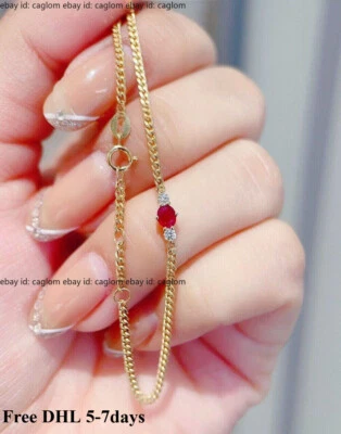 Real Solid 18K Yellow Gold Natural Pigeon Blood Ruby Diamond Cuban Curb Bracelet - Image 1 of 4