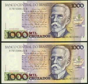 2x Brasilien 1000 Mil Cruzados 1987 Banknote fortlaufende Nummern unzirkuliert - Bild 1 von 2