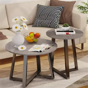 Coffee Table Set of 2 Nesting Side End Table w/ Solid Wrought Iron X-shape Based - Picture 1 of 12