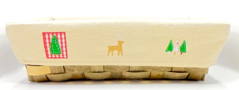 Christmas Rattan Basket,Rattan,Beige Felt Lining,Christmas Embroidery, 16"x8"x5" Cover