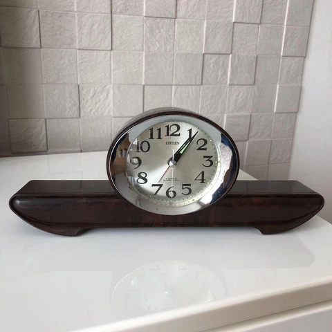 CITIZEN Wind up Wood grainTable Clock VINTAGE Space Age JAPAN mid century 1970s Cover