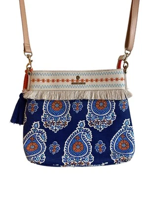 Bolso Cartera Spartina 449 Cuero Lino Azul Naranja Paisley Borla Daufuskie Island Foto 1 de 4