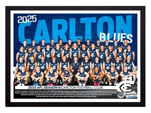 Framed 2025 Carlton Blues AFL Football Poster - 84cm x 59.5cm x 3.5cm - Picture 1 of 3