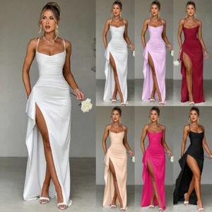 UK Women Satin Silk Backless Party Evening High Split Maxi Dress Strappy Dresses - Picture 1 of 41