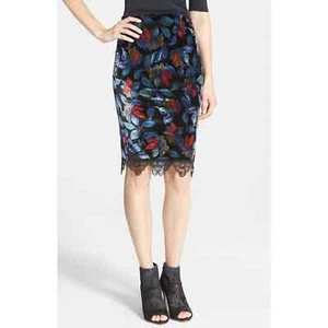 NWT ASTR Women's Pencil Skirt Velvet Floral Lace Hem Size Medium - Picture 1 of 10
