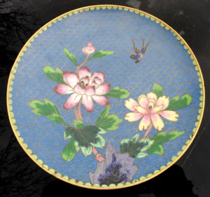 Antique Cloisonne Enamelled Plate Peony or Water Lily & Bird of Paradise