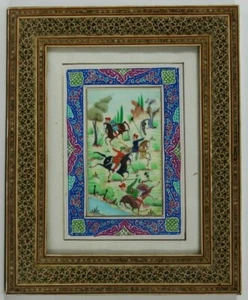 IndoPersische Miniaturmalerei Bein um 1900 filigraner Zierrahmen Vier Reiter - Picture 1 of 6