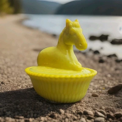 5" Vintage Style Yellow Dandelion Pony Horse on Rib Base Candy Dish By Mosser - Image 1 of 4