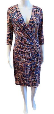 ANNE KLEIN размер 6 платье искусственного надежном 3/4 рукав синий оранжевый эластичной Джерси - Изображение 1 из 4