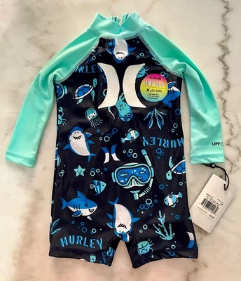 Traje de baño Hurley Rashguard de una pieza, azul multi, tiburones, bebé, talla 6 meses Foto 1 de 4
