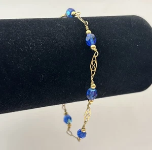 Vintage Gold Filled Beaded Bracelet Blue Beads Chain 14k Yellow Gold Filled - Picture 1 of 5