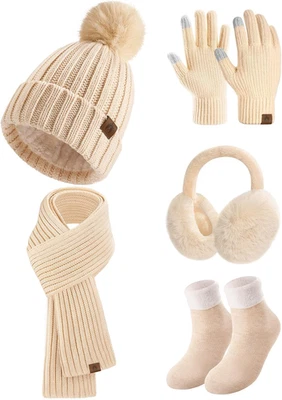 Set Cappello Sciarpa Guanti Paraorecchie E Calze Invernale Donna in Maglia Berre - Immagine 1 di 4