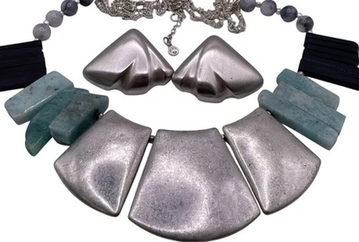 Conjunto de collar y pendientes Monet llamativos tono plata con cuentas de amazonita y ágata Foto 1 de 4