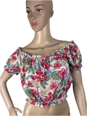 American Eagle Shirt Womens Sz S Ivory Red Floral Crop Top Peasant Ruffle - Image 1 of 4