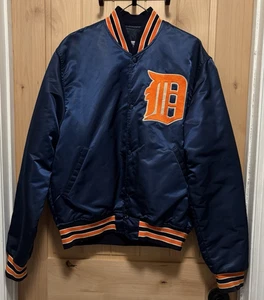 Vintage Detroit Tigers Starter Satin Jacket Medium Blue Baseball Old English D - Picture 1 of 12