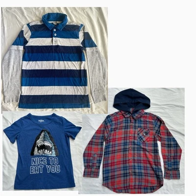 BUNDLE Boys striped long sleeve, plaid hoodie, and fun shark t-shirt - Image 1 of 4