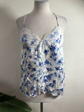 Cami - White & Blue Floral Print Lace-Up Silk Tank Size Small