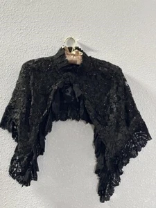 Antique Hand Sewn Black Silk Lace Beading Museum Quality Pereline Capelet - Picture 1 of 4