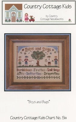 Country Cottage Kids Boys and Bugs Dragonflies Ladybugs Cross Stitch Pattern New - Image 1 of 2