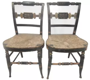 PAIR Antique Hitchcock Rush Seat Chairs with original paint - Picture 1 of 22