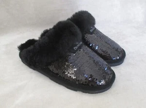 NEW BEARPAW 'LOKI Exotic'  Shearling Slippers Women's Size 6 Black Sequin $65 - Picture 1 of 4