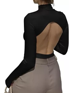 REORIA Women's Sexy Mock Turtleneck Backless Long Sleeve Slimming Going Out Sz L - Picture 1 of 6