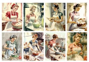 Set of 8 Vintage Retro Ladies Cooking Ephemera 50's Collage Cotton Fabric Blocks - Picture 1 of 1
