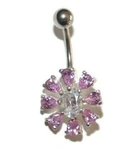 Surgical Steel Navel Bar Piercing Sterling Silver Dangle Belly Button Pink 925 - Picture 1 of 1