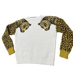 Suéter Manga Estampado Leopardo Mujer M Crema Dorado Estampado Gato Animal Tejido Boho - Imagen 1 de 19