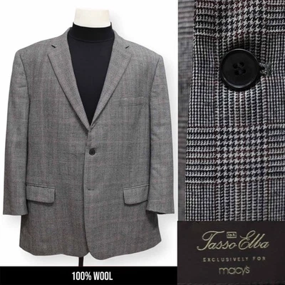 TASSO ELBA mens gray plaid 100% WOOL sport coat suit jacket blazer 48 R - Image 1 of 4