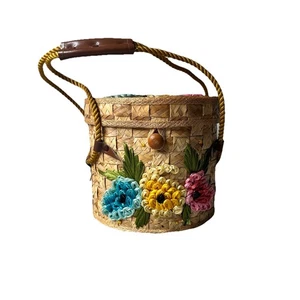 Vintage Bast Eimer Korb Geldbörse 60er Jahre Blumenmotiv - Bild 1 von 9