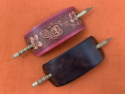 2 Leather Hair Barrettes w Sticks, Ponytail, Pink Butterfly, Handcrafted #290 - Image 1 of 4