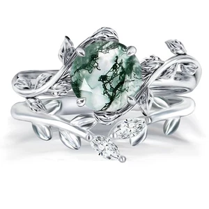 Natural Moss Agate Ring Set 925 Sterling Silver Green Round Moss Agate Engage... - Picture 1 of 5