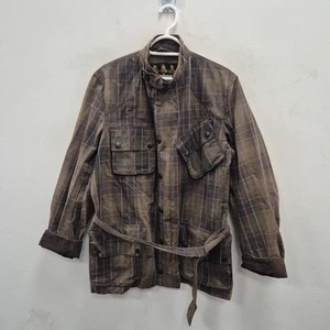 Barbour International A7 Brown Tartan Wax Waterproof Biker Belted Jacket Medium - Picture 1 of 10