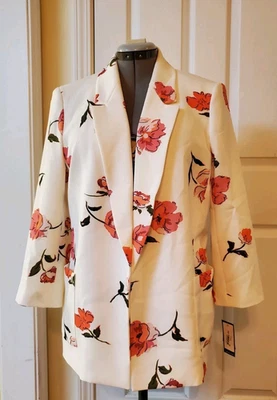 NWT Nine West White Floral Open Front Blazer Jacket With Pockets Size L - Image 1 of 4