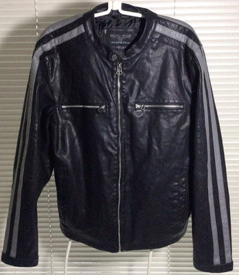 Wilsons Cycle Mens Faux Leather Jacket Sz L Motorcycle Racer Black Grey Stripe - Image 1 of 4