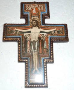 superbe Crucifix de Saint-Damien en céramique émaillé à bords dorés, modèle rare - Imagen 1 de 2