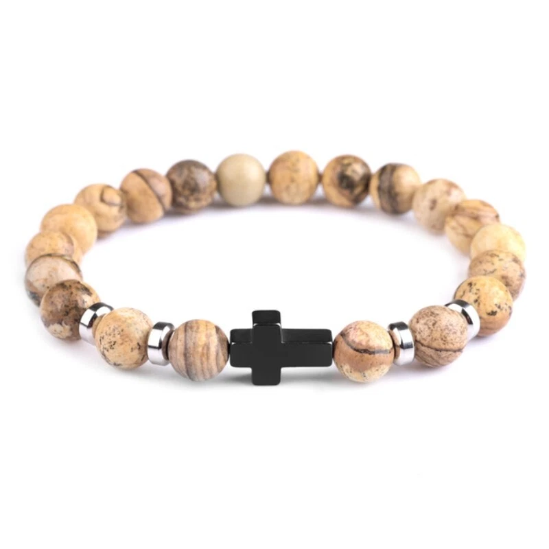 Armband Stein Perlen Hämatit Kreuz Jesus Herren Damen Unisex sandbraun grau matt - Bild 1 von 1