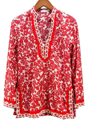 Tory Burch Tory tunica 4 donna nastro impreziosito cotone rosso floreale manica lunga